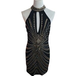 Paradiso Sexy Black Bejeweled Beaded Silver & Gold Mini Halter Dress Size Large